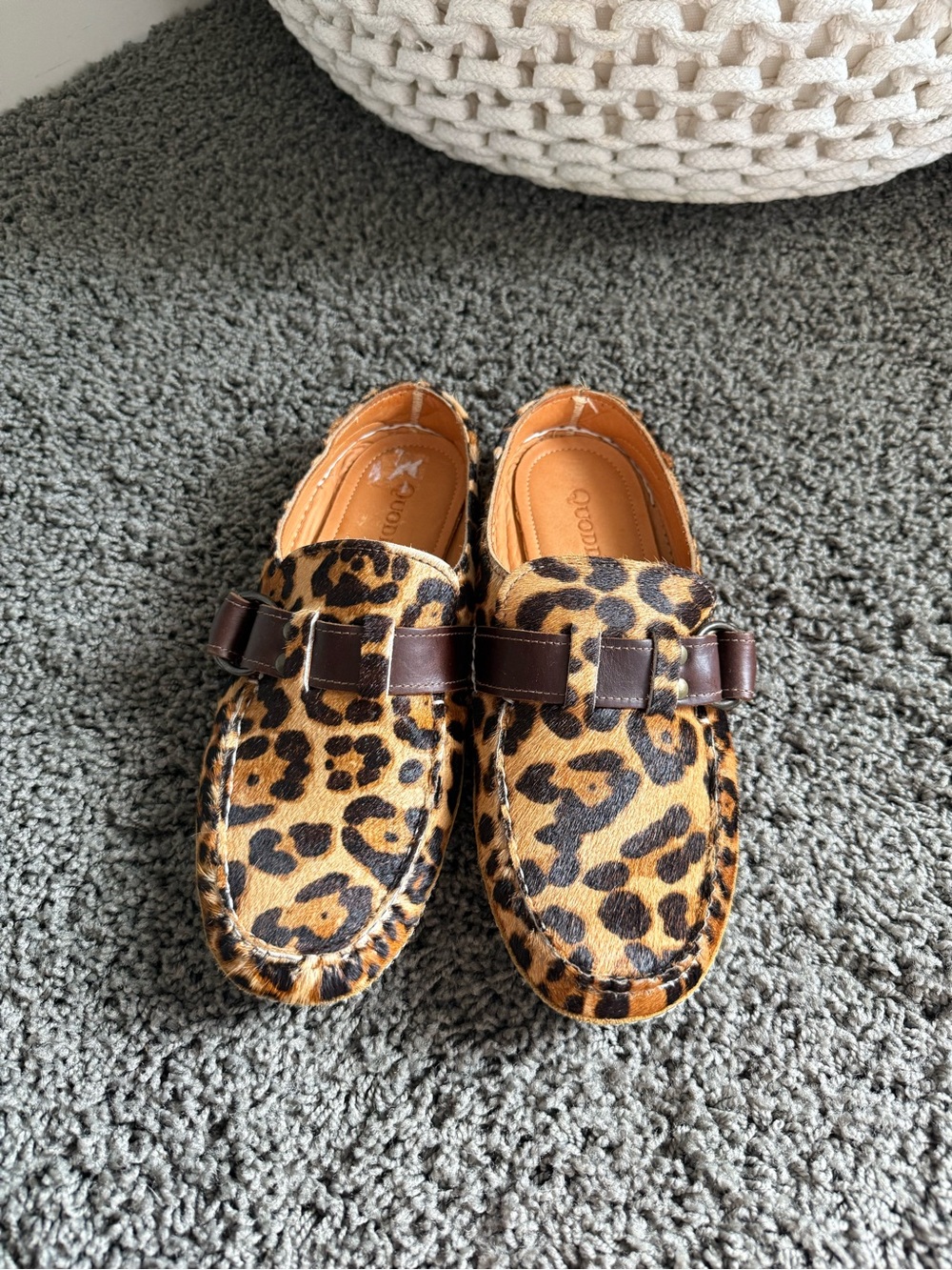 QUODDY Leopard Print Loafers with Brown Trim